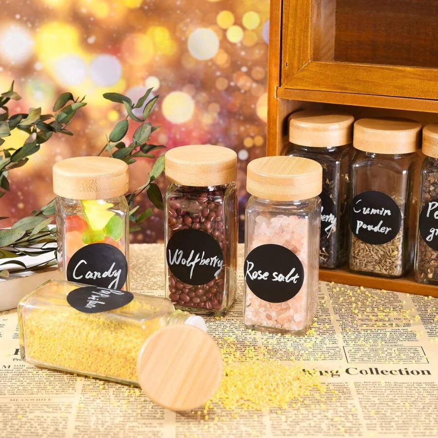 Kruidenpotjes vierkant met strooiinzetstuk set van 24 120 ml kruidenpotjes hoogwaardig houten deksel van bamboe kruidenpotjes kruidenstrooier glas met strooieropzetstukken trechter etiketten en krijtstift kruidenpotjes