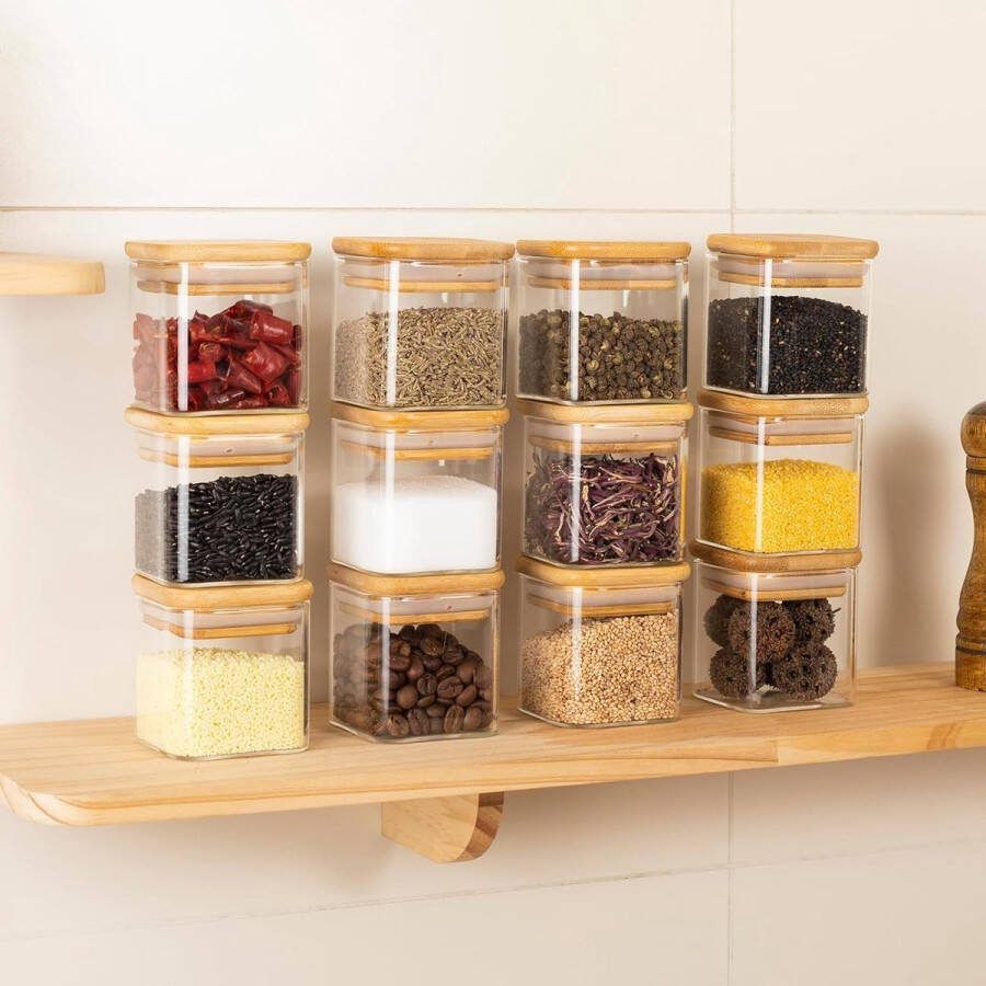 Kruidenpotjes vierkant set van 120 ml 120 ml kruidenpotjes set van bamboedeksel kruidenstrooier glas kruidenpotjes met etiketten en witte krijtstift kruidenpotjes
