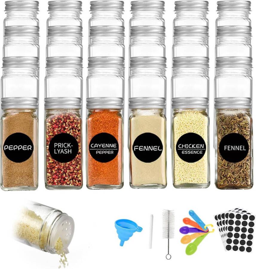 Kruidenpotjes vierkant set van 24 120 ml glazen kruidenstrooier met kruidenetiketten witte krijtstift siliconen trechter reinigingsborstel lepel