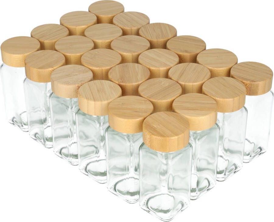 Kruidenpotjes Vierkant van Glas met Bamboe Deksel (24 stuks!) Glazen Potjes met Deksel Glazen Kruidenstrooier met Strooideksels 110ML