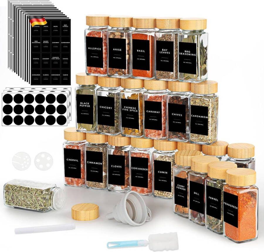 Kruidenpotjes Vierkante set [24-delig] met Bamboe Deksel 120 ml Kruidenpotjes met 246 etiketten Kruidenstrooier Kruidenpotjes Kruidencontainer met trechter Lege stickers Reinigingsborstel