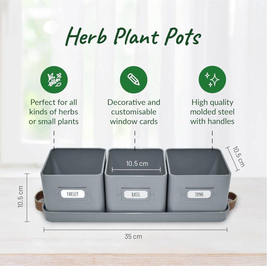 Kruidenpotjes voor keuken vensterbank kruidenpotten met leren handgrepen Ideaal voor het kweken van kamerplanten kruiden specerijen – dienblad inbegrepen (Houtskool) – plant pots indoor Merk: Green Thumbz