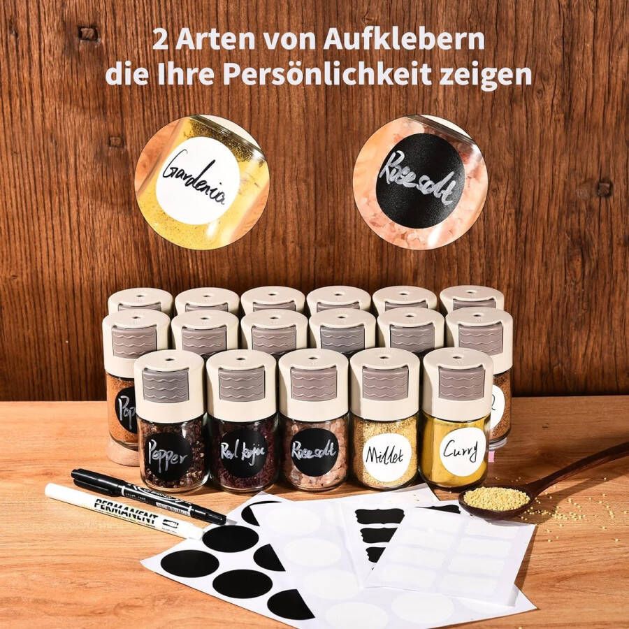 Kruidenpotjesset 12 x 100 ml set kruidenpotjes nauwkeurige dosering door te drukken kruidenpotjes met voorgedrukte etiketten stijlvolle zwarte en witte stickers kruidenorganizer