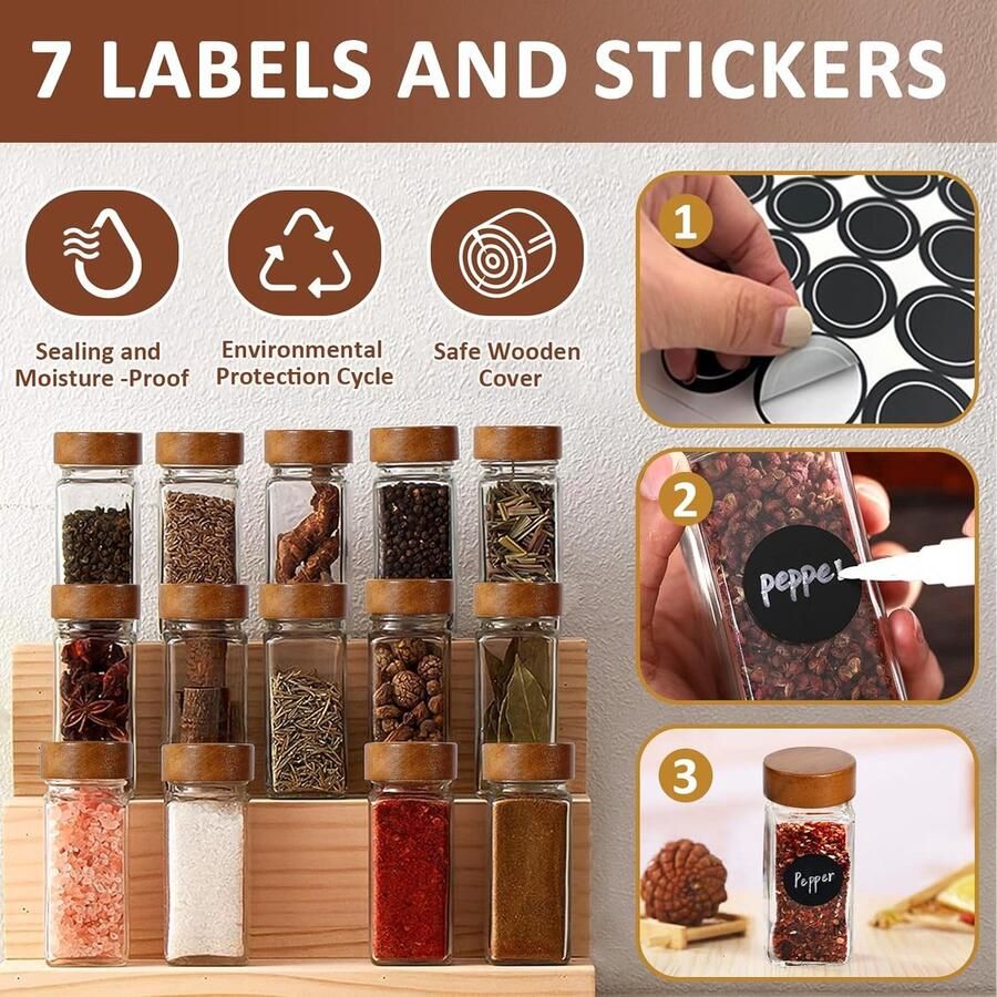 Kruidenpotjesset Vierkante Kruidenpotjes met Houten Deksel [24 x 120 ml] Kruidenpotjes Glazen Kruidencontainers Kruidenpotjes met Filter Etiketten Siliconen Trechter Reinigingsborstel