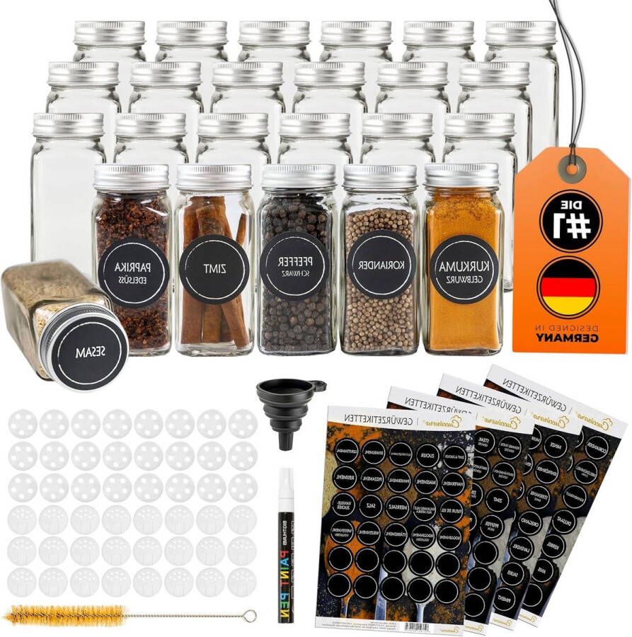 Kruidenpottenset vierkant 24 stuks 120 ml 105 cm x 43 cm met kruidenetiketten witte krijtstift siliconen trechter reinigingsborstel herb jars