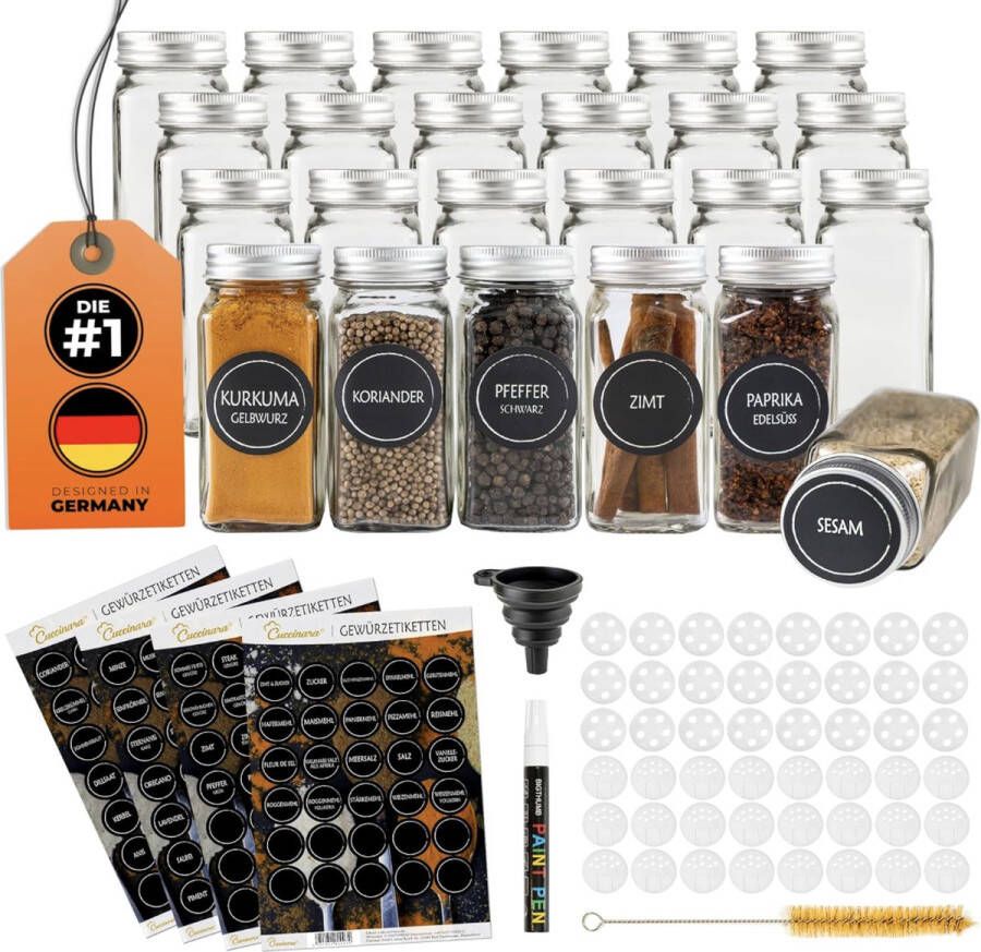 Kruidenpottenset [vierkant 24 stuks I 120 ml 10 5 cm x 4 3 cm] met kruidenetiketten strooiinzetstuk & witte krijtstift voor het beschrijven van de etiketten I siliconen trechter + reinigingsborstel (24)