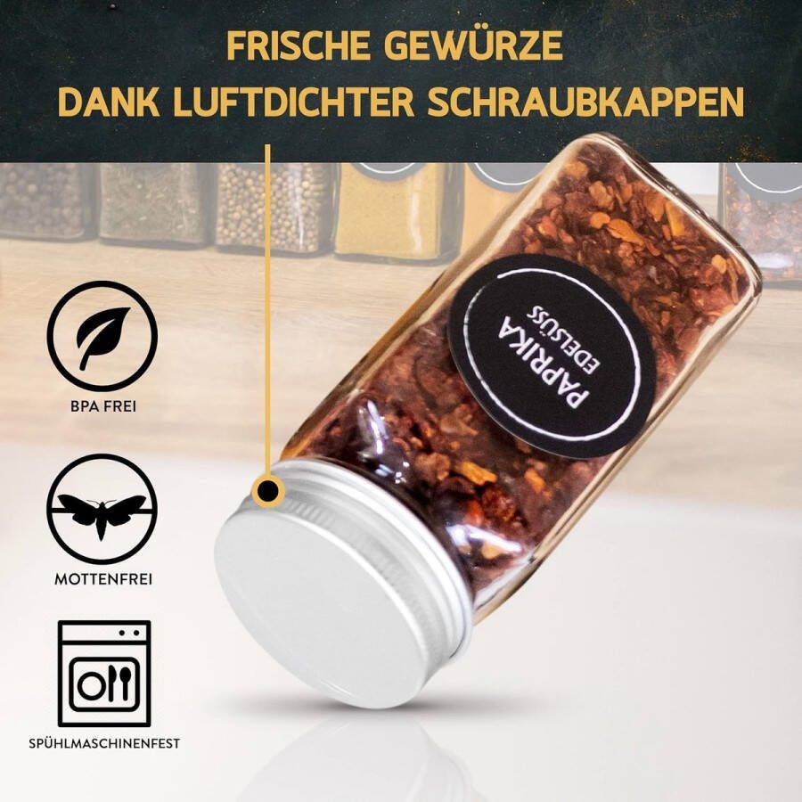 Kruidenpottenset [vierkant 24 stuks I 120 ml 10 5 cm x 4 3 cm] met kruidenetiketten strooiinzetstuk & witte krijtstift voor het beschrijven van de etiketten I siliconen trechter + reinigingsborstel (24)