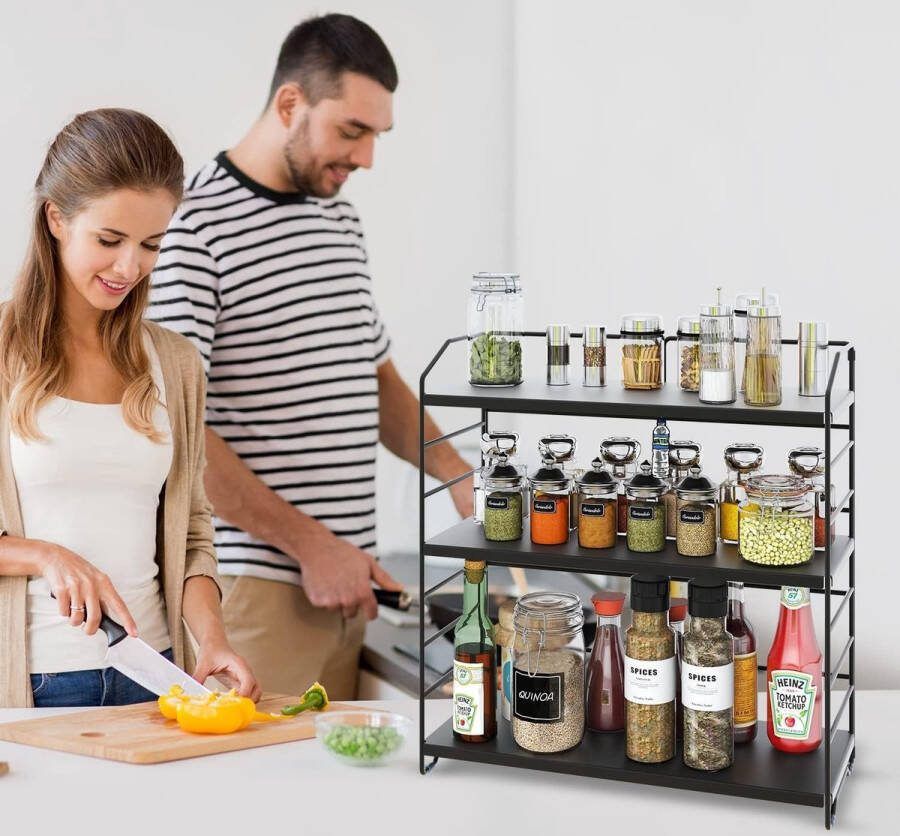 Kruidenrek 3-laags in hoogte verstelbaar kruidenrek voor aanrecht in de keuken kruidenrek vrijstaand badkamer organizer opbergrek cosmetische organizer rek zwart