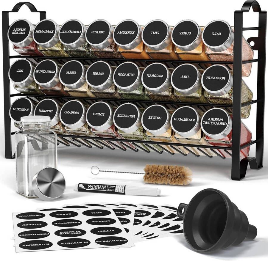 Kruidenrek 3-Laags Metaal Organizer 24 Kruidenpotjes Deco haus Keuken Sorteerset met Etiketten Borstel Trechter Haken Vrijstaand of Aan de Muur Zwart