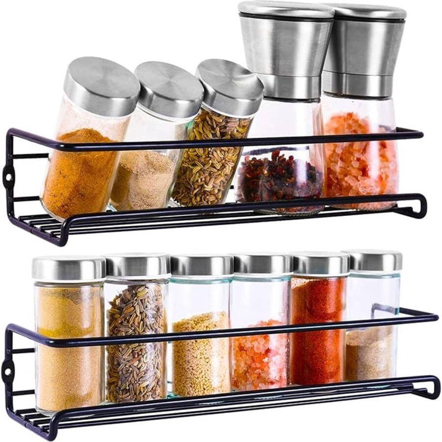 Kruidenrek aan de muur 2-delige set metalen kruidenstandaard zwart hangend kruidenrek hangend zonder boren te gebruiken als keukenkast-organizer keukenrek muur keukenrek voor