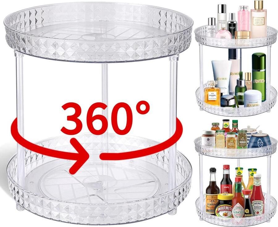 Kruidenrek draaibaar 2-etages draaiplateau koelkastorganizer Lazy Susan draaibare organizer voor specerijen en bakingrediënten 360 draaibaar kruidenrek voor kast badkamer doorzichtig (23 5 cm)