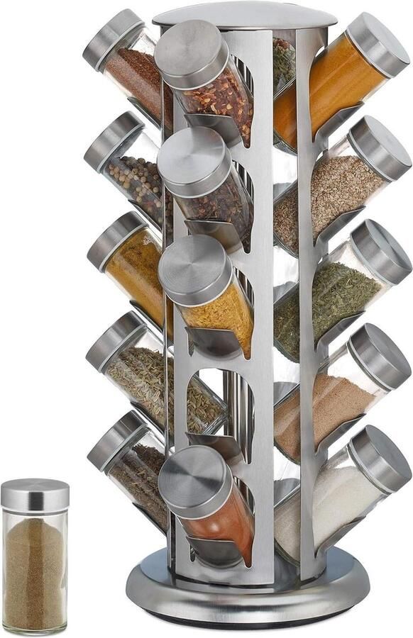 Kruidenrek draaibaar met 20 potjes RVS glas HxD 39 x 22 cm zilver
