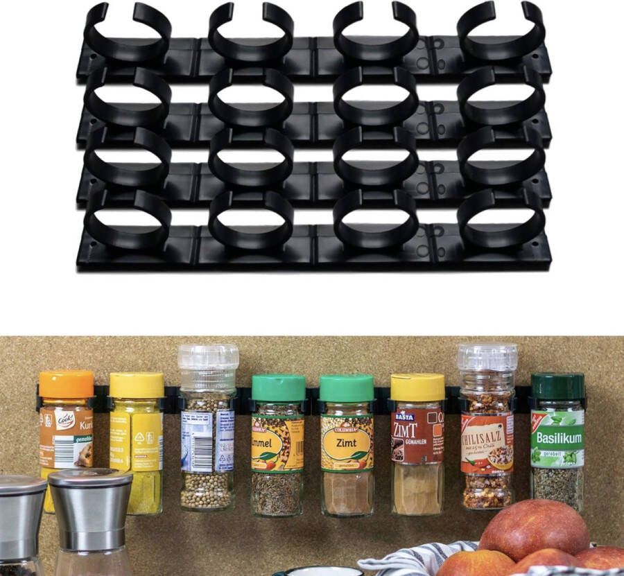 Kruidenrek Grijperclips voor 16 kruidenpotten 4 x 4 zwarte stroken voor kruidenshakers met 3.3 – 4.5 cm diameter en 150 gram Organiser voor kruiden Montage in keuken- en wandtegels spiceracks wall