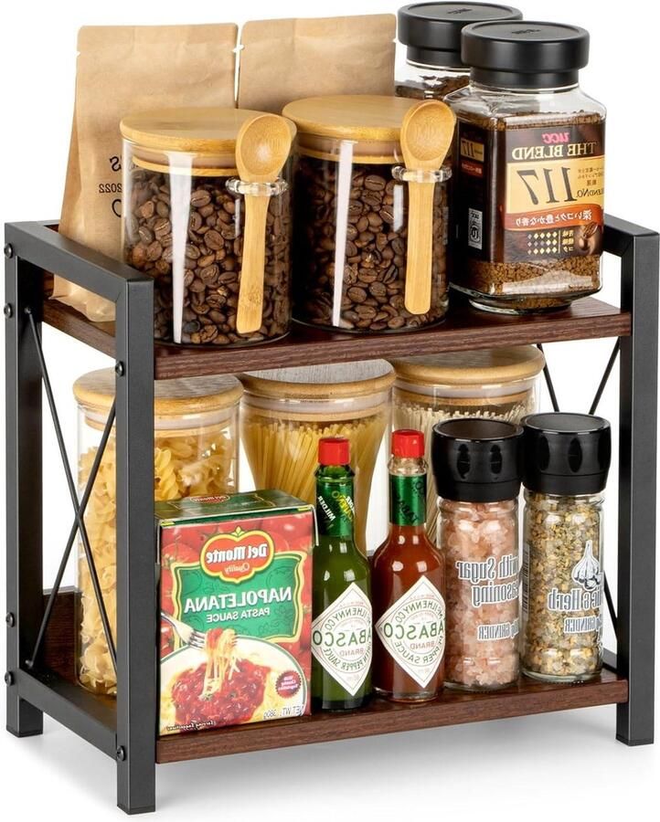 Kruidenrek Houten Koffieorganizer 2 Niveaus Keukenrek Werkblad Organisatie Keukenopslag Hoek Kantoor Badkamer Brown koffie rek