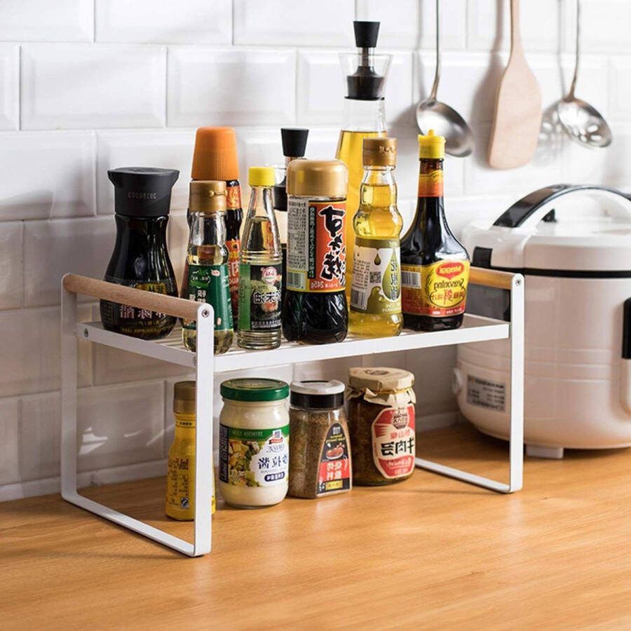 Kruidenrek ijzeren frame houten handvat opbergrek voor huis en keuken wit 35x21x20 cm