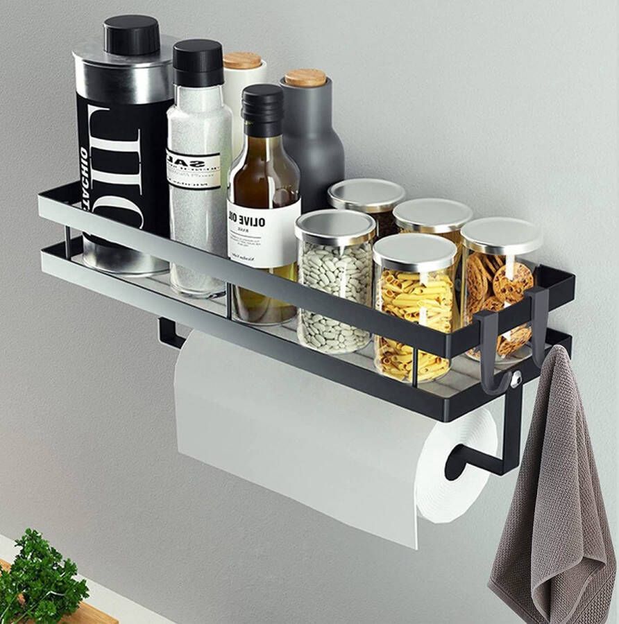 Kruidenrek keukenrek aan de muur zonder boring kruidenrek hangend met keukenrolhouder en 4 afneembare haken kruidenrek organizer voor keuken keukengereihouder 35 cm zwart