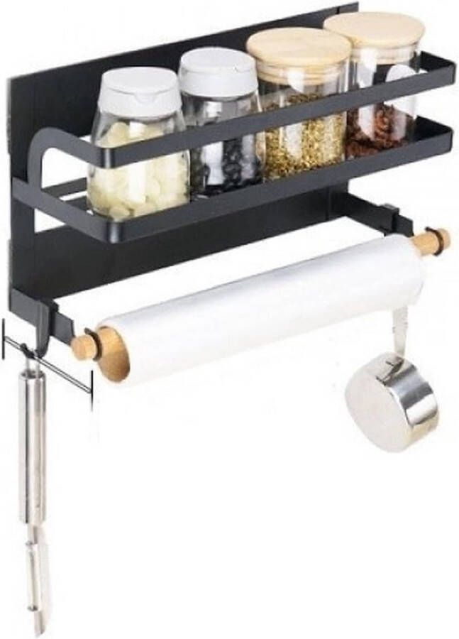 Kruidenrek magnetisch met keukenrolhouder zonder boren kruidenorganizer koelkastrek papierrolhouder kruidenrek aan de muur kruidenreksysteem kruidenopslag zwart