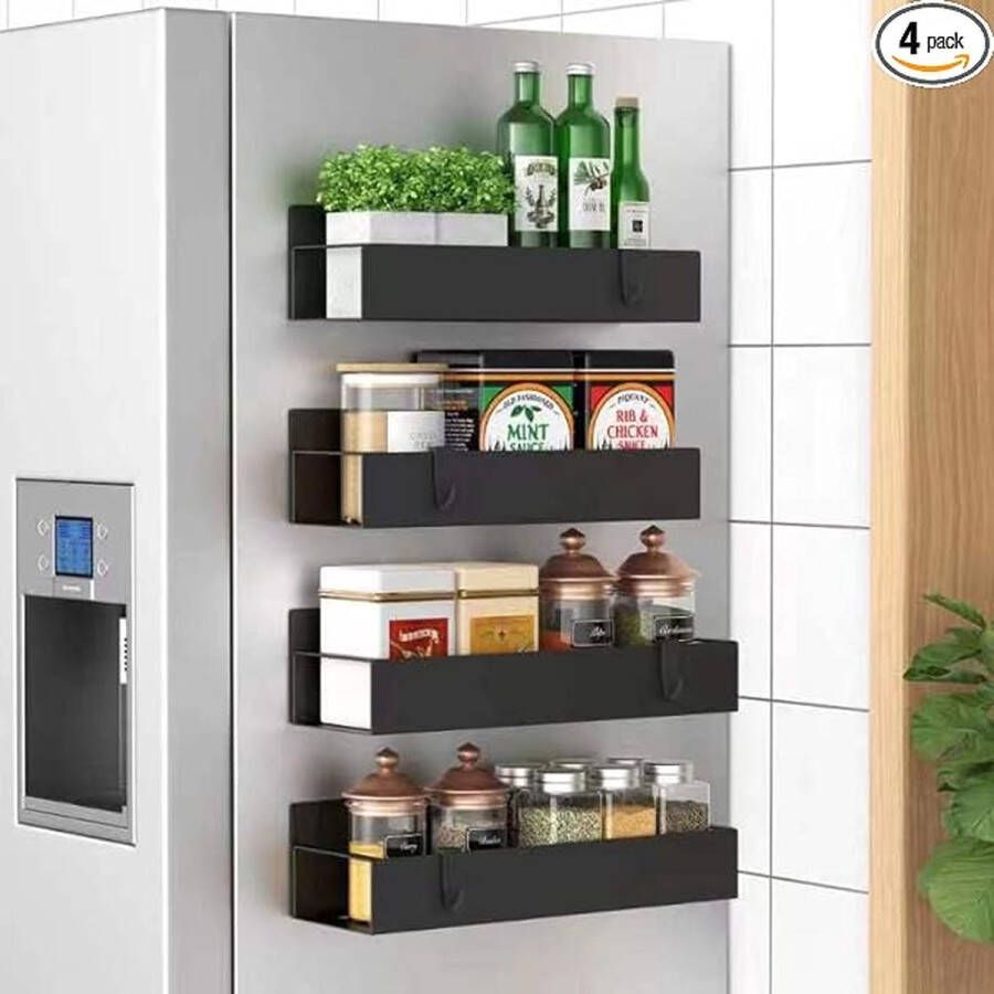 Kruidenrek Magnetisch Ophangbaar 4-delig Set Zwart Kruidenrek voor Kruidenpotjes Ophangbaar Keukenrek Kruidenrekken
