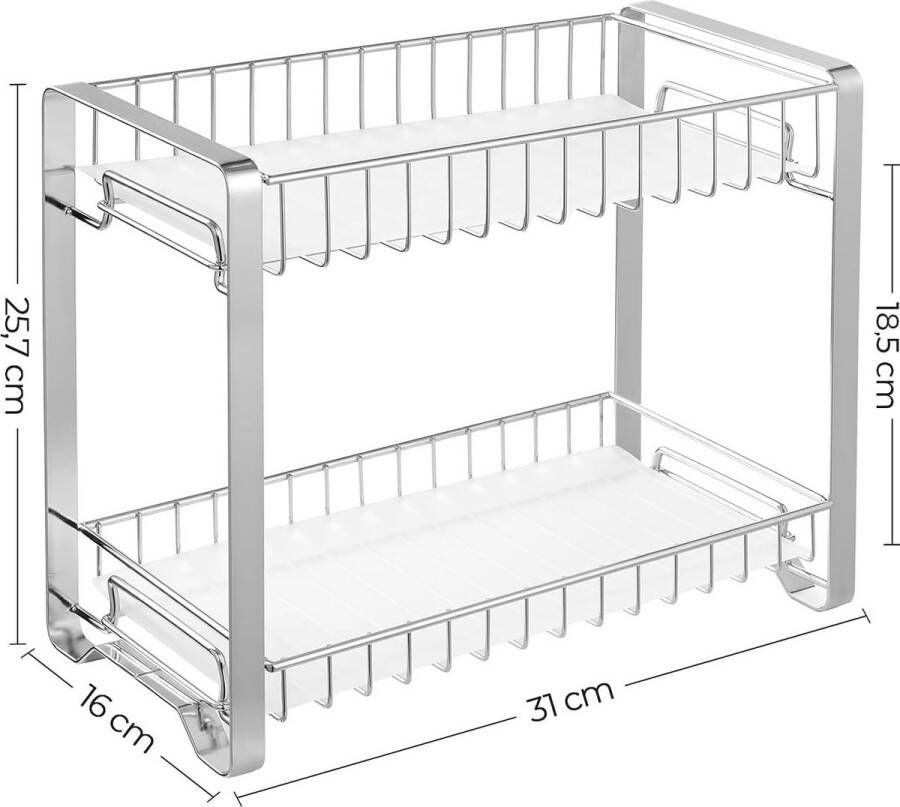 Kruidenrek met 2 niveaus metalen keukenplank met kunststof platen antislipvoetjes eenvoudig te monteren voor aanrecht voorraadkamer badkamer keuken zilver KCS013E01