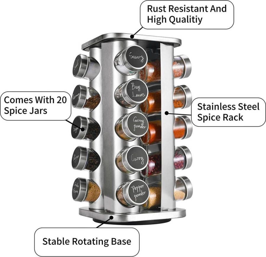 Kruidenrek met 20 kruidenpotjes 360 graden draaibare roestvrijstalen kruidencarrousel hoogwaardig roestvrijstalen deksel ronde kruidenstrooier kruidenpotjes met strooiinzetstuk