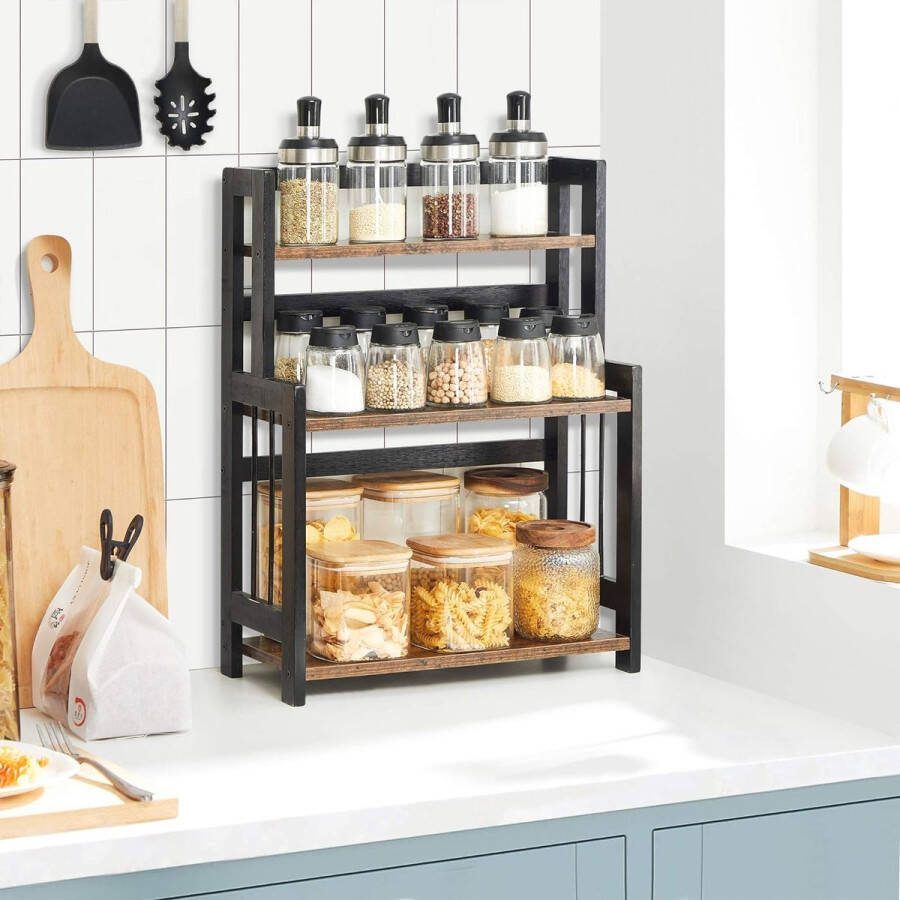 Kruidenrek met 3 niveaus keukenplank opbergrek voor aanrecht bamboerek voor keuken eetkamer kantoor vintage bruin-zwart OFS047B01