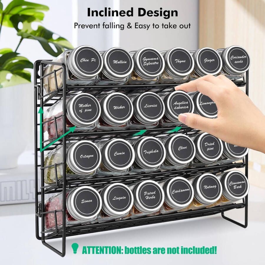 Kruidenrek met 4 niveaus voor kast kruidenpotjes organizer voor keukenorganisatie en opslag aan de muur gemonteerde kruidenorganizer voor aanrecht zwart (kruidenpotten niet inbegrepen)
