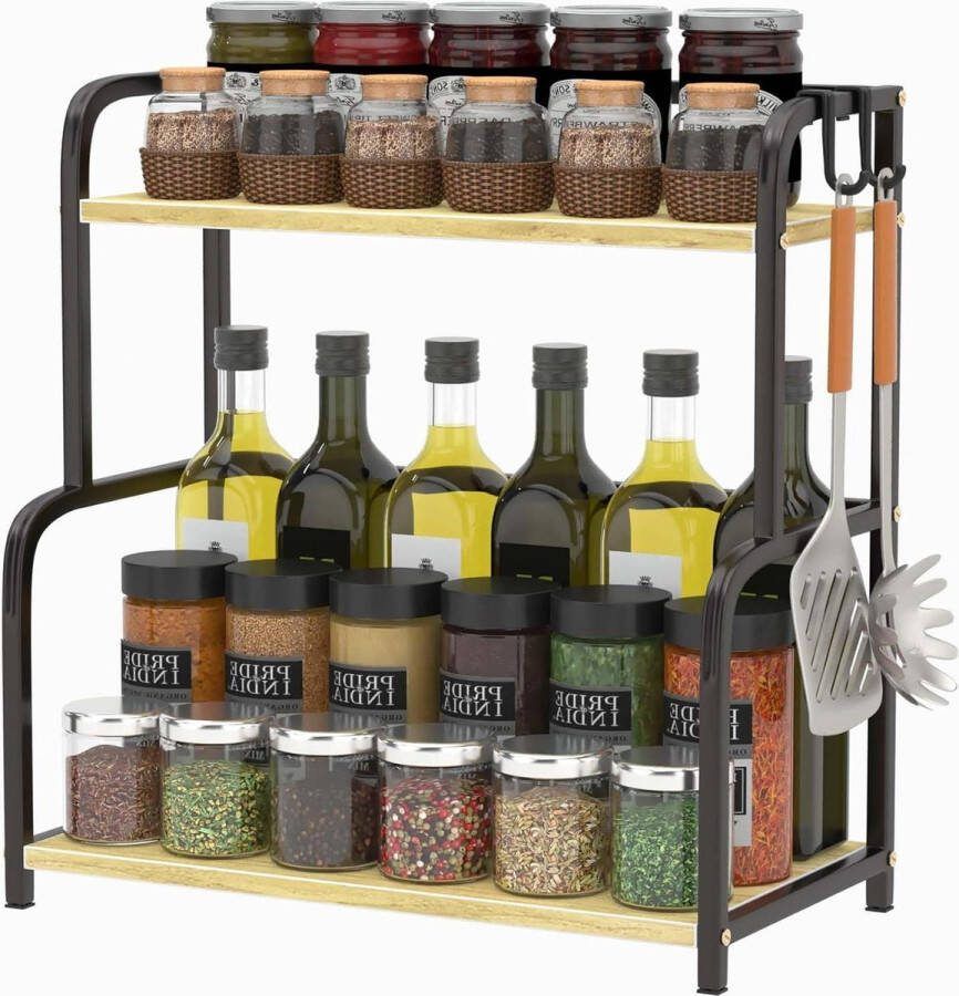 Kruidenrek met bestekhouder Hout en Staal 42x40x41cm Opslag en Organisatie voor Keuken Badkamer en Kantoor met Haken