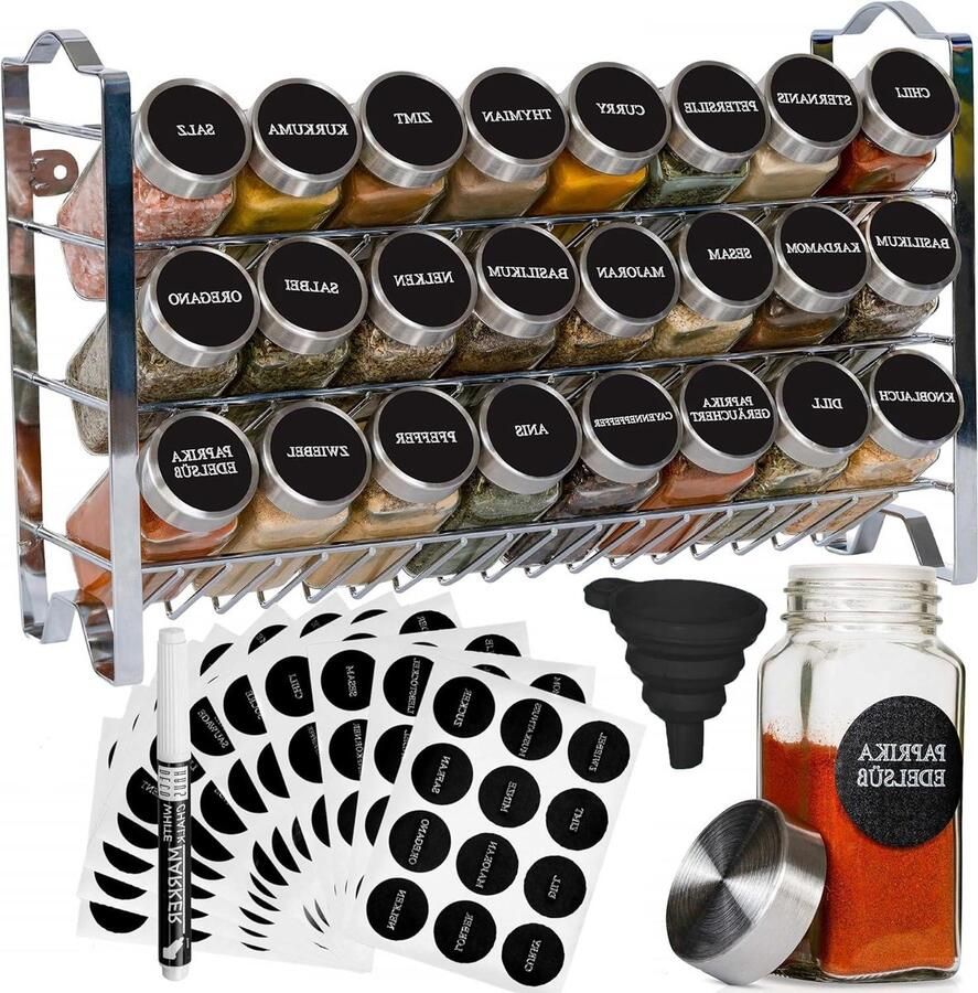 Kruidenrek Met Kruidenpotjes 3-Laags Metalen Kruiden Organizer Keuken Sorteerset 24 Kruidenpotjes 48 Etiketten Borstel Trechter Haken Vrijstaand of Aan de Muur Chroom