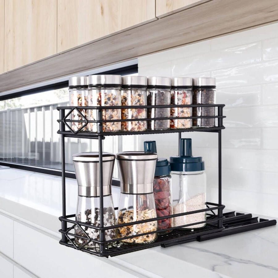 Kruidenrek organiser 2 niveaus Roestvrij staal Keuken opbergrek voor kastje Uitschuifbaar 26×11×22cm