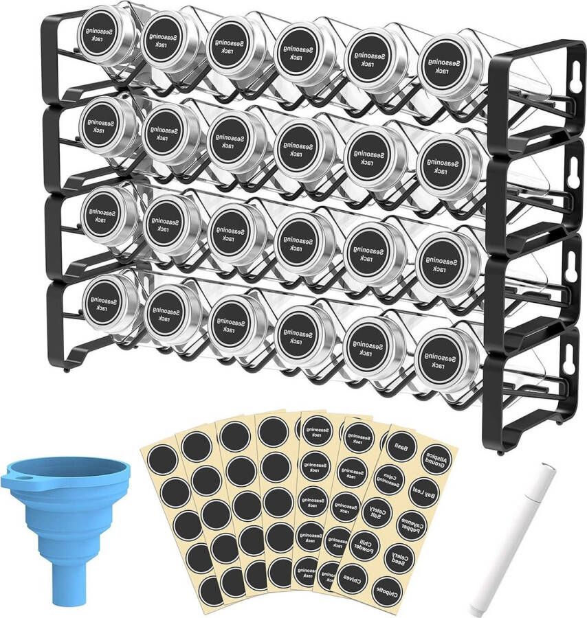Kruidenrek organizer 24 lege vierkante kruidenpotjes kruidenetiketten met krijtmarker trechter complete set voor werkblad kast of wandhouder