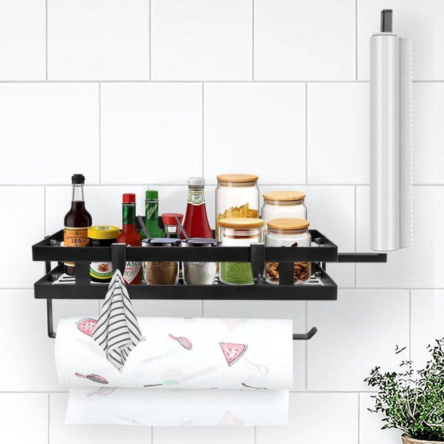 Kruidenrek papieren handdoekhouder voor wandmontage voor de keuken zonder boren papieren handdoekrolplank met plank beide verkrijgbaar met lijm en schroeven voor badkamer en keuken