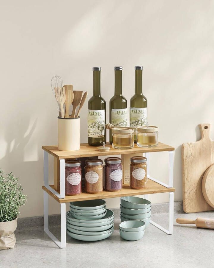 Kruidenrek set van 2 keuken organisers keukenplank kast organiser keuken uitbreidbaar kleine plank stapelbaar metaal en op hout gebaseerd materiaal troebel wit-natuurbeige KCS200W01