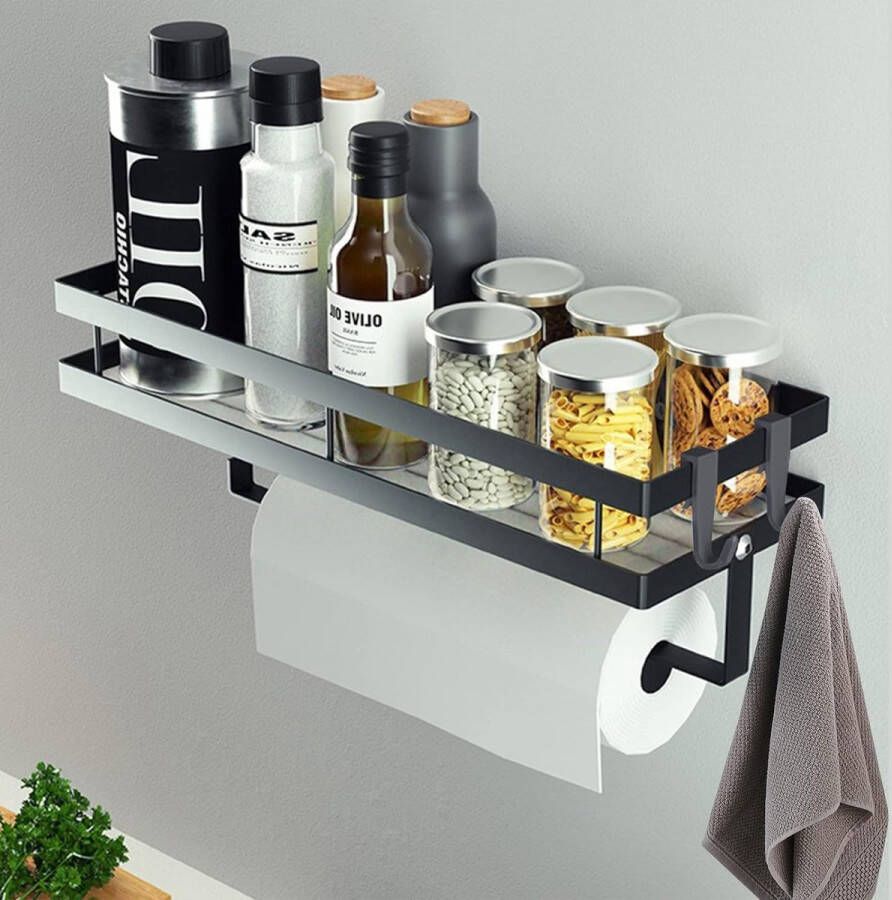 Kruidenrek set van 2 stuks keukenwandrek zonder boren hangend kruidenrek met keukenrolhouder en 4 haken keukenlade-organizer keukengereihouder 35 cm zwart