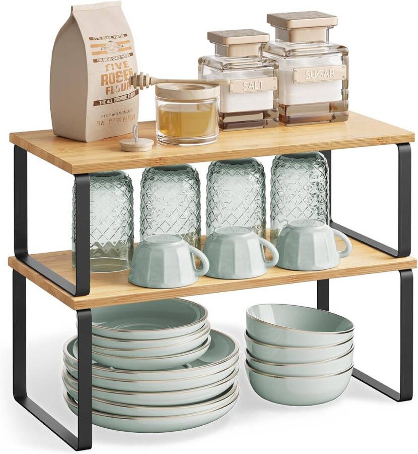 Kruidenrek set van 4 keukenrek keuken organizer uitbreidbaar kruidenhouder stapelbaar met metalen frame inky black-natural beige