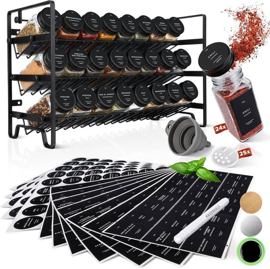 Kruidenrek set zwart kruidenrek staand incl. 24 kruidenpotjes + 336 kruidenetiketten
