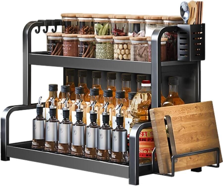 Multifunctioneel roestvrij staal kruidenrek met 2 etages voor werkblad- keukenorganizer met plankhouder