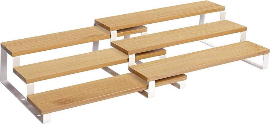 Kruidenrek staande keukenorganizer set van 2 bamboe met elk 3 planken uittrekbaar stapelbaar voor eetkamer werkblad keukenkast natuurkleuren-wit