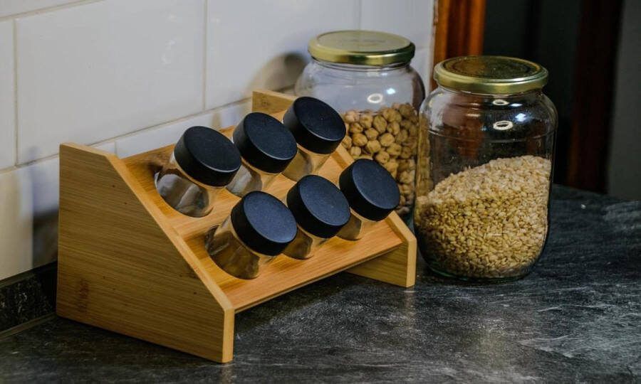 Kruidenrek van bamboe voor de keuken 6 kruidenpotjes houten kruidenorganizer met schroefsluiting