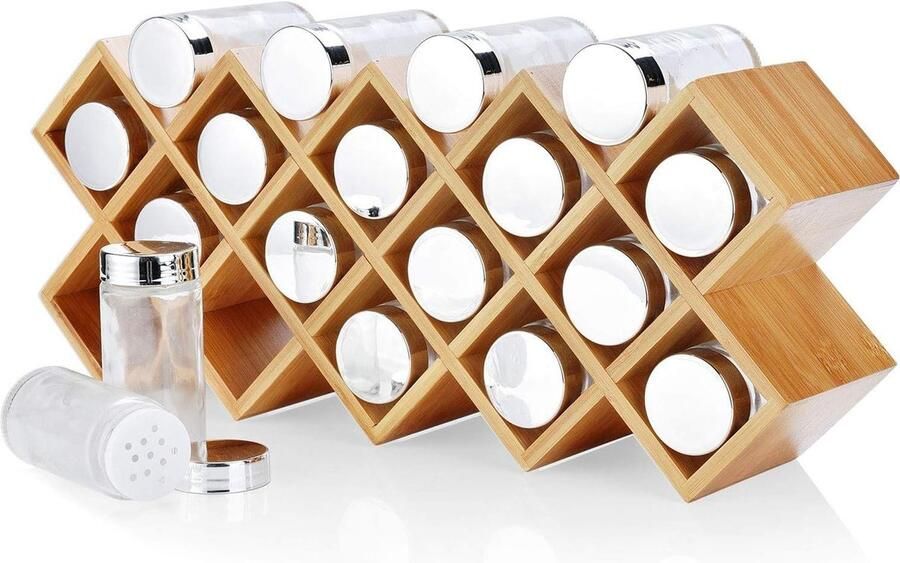 Bamboe kruidenrek voor 18 potjes Vrijstaande keukenorganizer 43cm x 95cm x 18cm Glazen potjes met labels