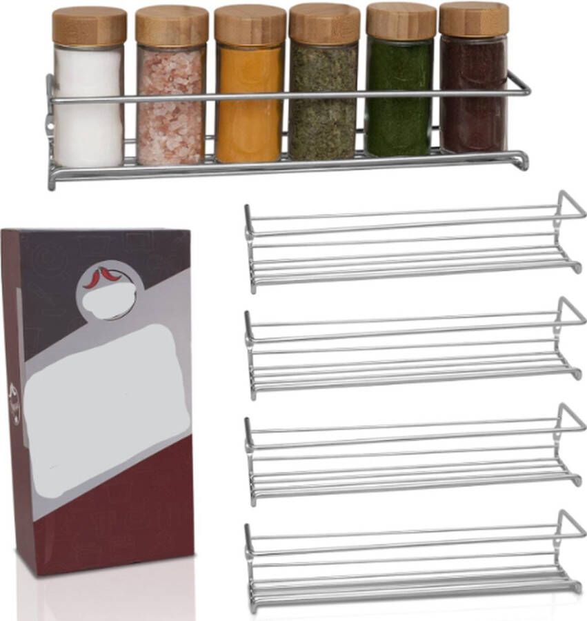 Kruidenrek van hoogwaardig metaal zelfklevend set van 4 eindelijk orde voor je keuken aan kasten als organizer ruimte voor allerlei specerijen of kruidenpotjes zonder boren (chroom)