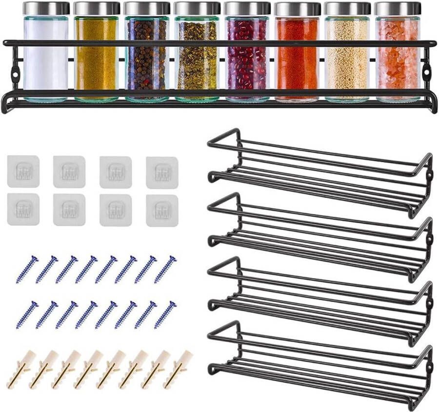 Kruidenrek voor aan de muur 4-delig metalen kruidenhouder zwart kruidenrek hangend zonder boren kastdeur kruidenrek binnenkast keukenkast keukenrek muur hangend kruidenrek 29 x 8 x