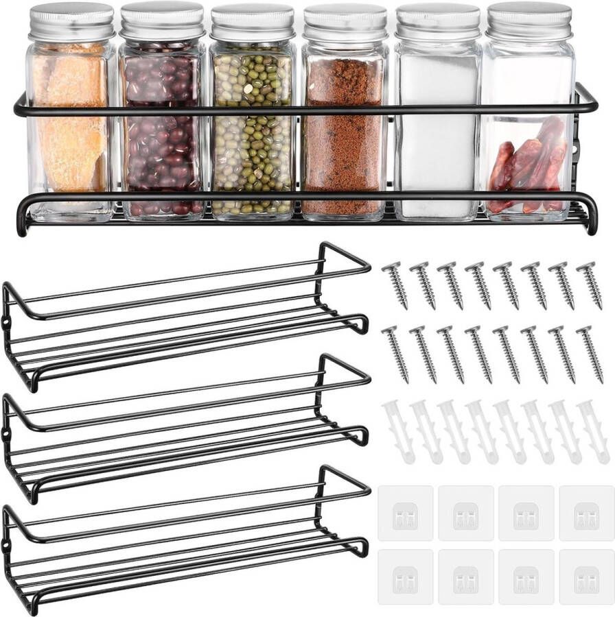 Kruidenrek voor aan de muur Set van 4 hangende rekken zonder boren Zwart 8 haken en schroeven Voor kast en keuken 29 x 68 x 65 cm