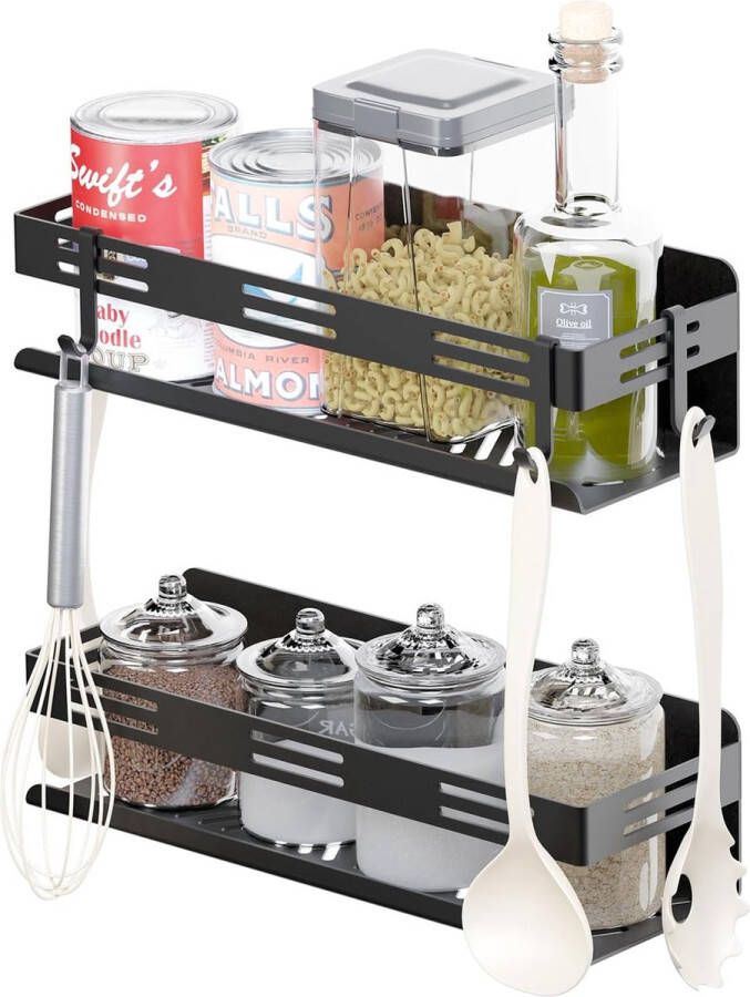 Kruidenrek voor aan de muur zonder boren set van 2 hangend kruidenrek met 4 haken 30 cm breed keukenrek voor specerijen zelfklevend voor keukenorganizer zwart