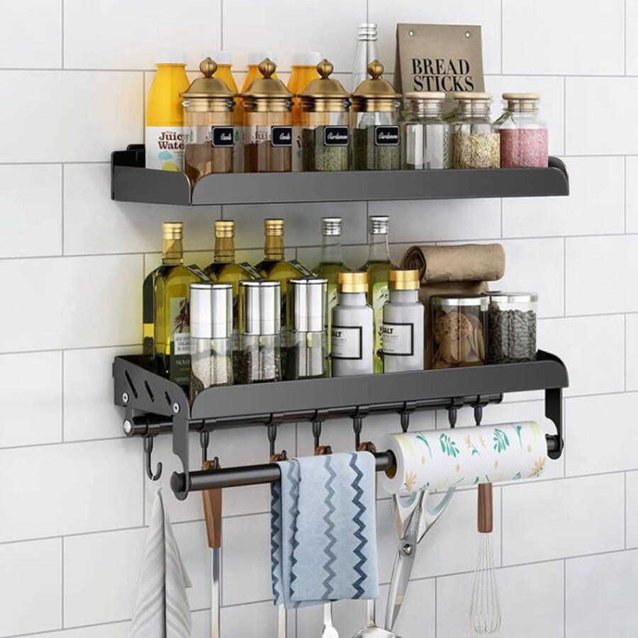 Kruidenrek voor aan de muur zonder boren set van 2 hangend kruidenrek met keukenrolhouder en 6 haken keukenrek voor specerijen keukengereihouder wandmontage kruidenrek kastdeur voor keuken