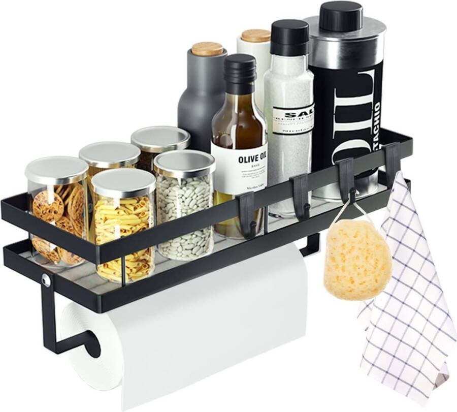 Kruidenrek zonder boren kruidenrek muur met keukenrolhouder en 4 afneembare haken keukenrek hangend kruidenrek om te plakken of te boren voor keuken badkamer kastdeur zwart 35 cm