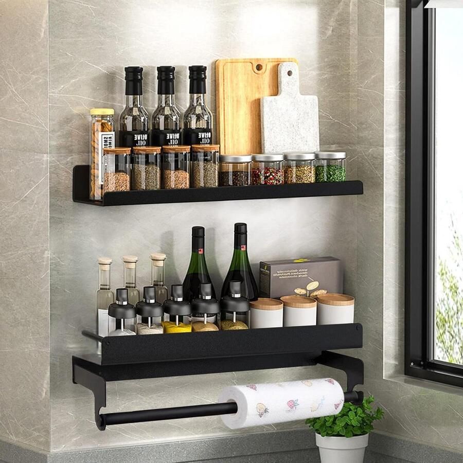 Kruidenrek zonder boren set van 2 40 cm hangend kruidenrek met keukenhanddoekhouder wandorganizer voor specerijen roestvrij staal keuken en badkamer zwart