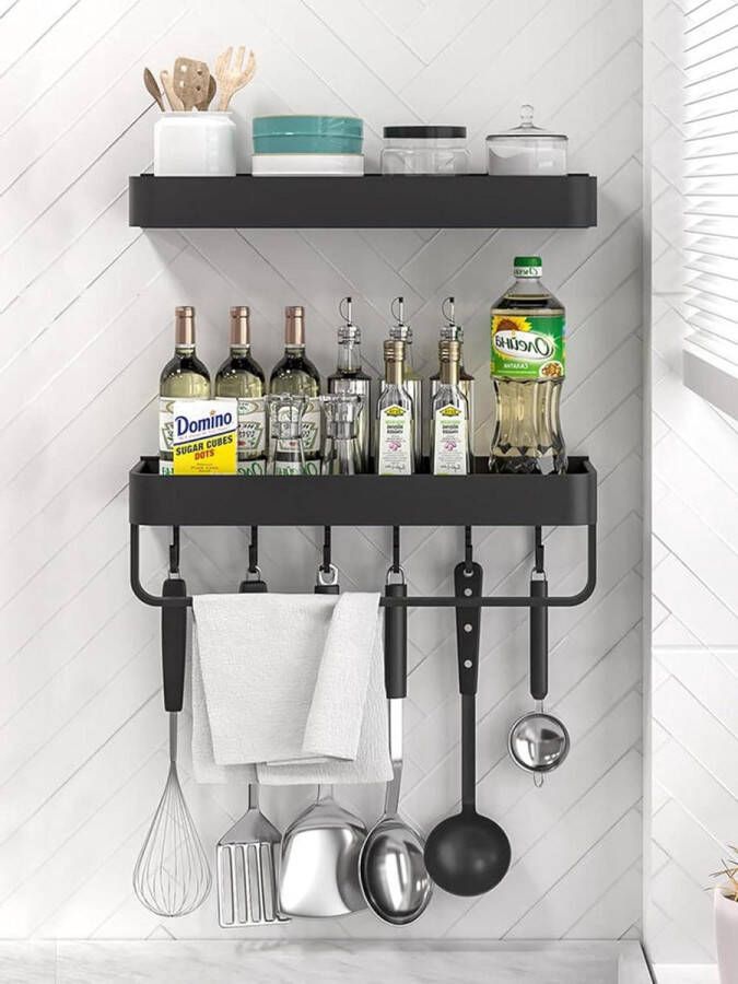 Kruidenrek zonder boren set van 2 keukenrek aan de muur hangend kruidenrek met 5 afneembare haken keukengereihouder keukenorganizer kruidenhouder kruidenrek 40 cm zwart keukenorganisatie
