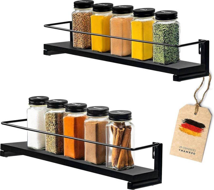 Kruidenrek zwart set van 2 keukenorganizer voor kruidenpotjes en specerijen 40 x 9 cm