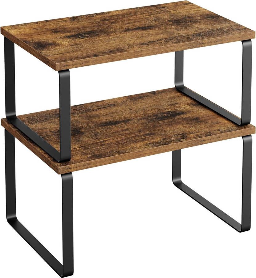 Kruidenrekjes set van 2 keukenplanken uitzetbare keukenopbergers stapelbaar gemaakt van metaal en spaanplaat legbordinzet voor keukenkastje keuken vintage bruin-zwart