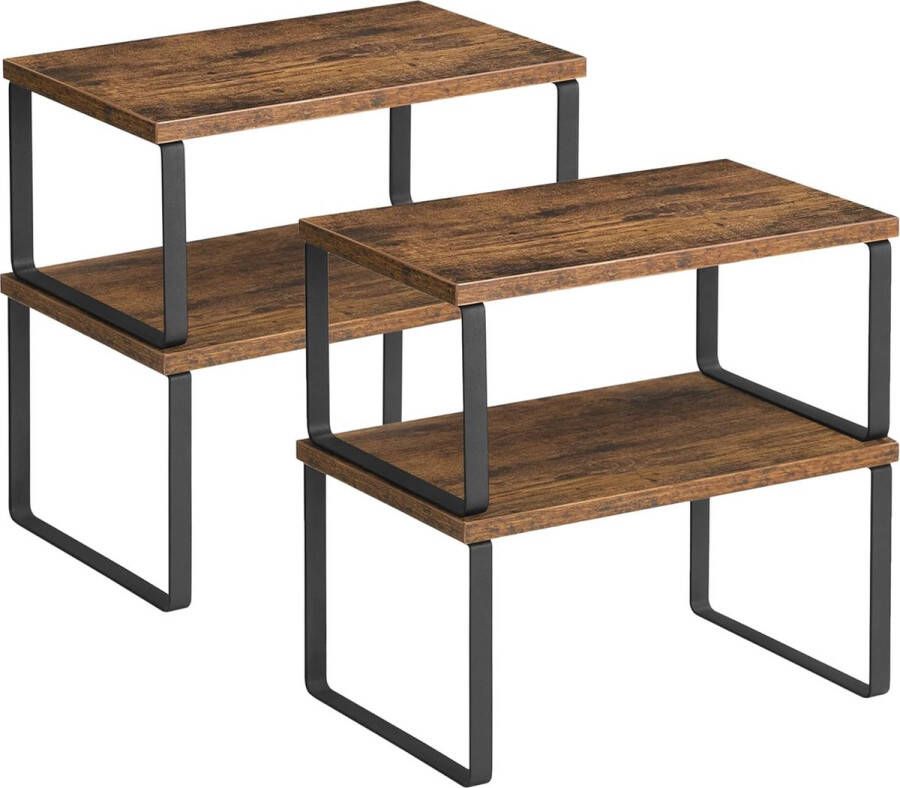 Kruidenrekjes set van 4 keukenplanken uitzetbare keukenopbergers stapelbaar gemaakt van metaal en spaanplaat legbordinzet voor keukenkastje keuken vintage bruin-zwart